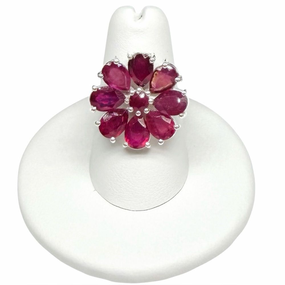 Ruby Flower Ring Size 6 Solid 925 Sterling Silver Daisy Multi Stone Statement